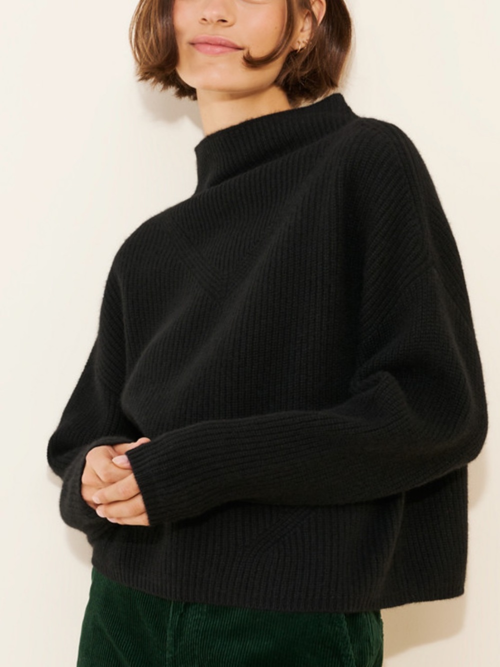 Black Mock Neck Ribbed Sweater - Women
